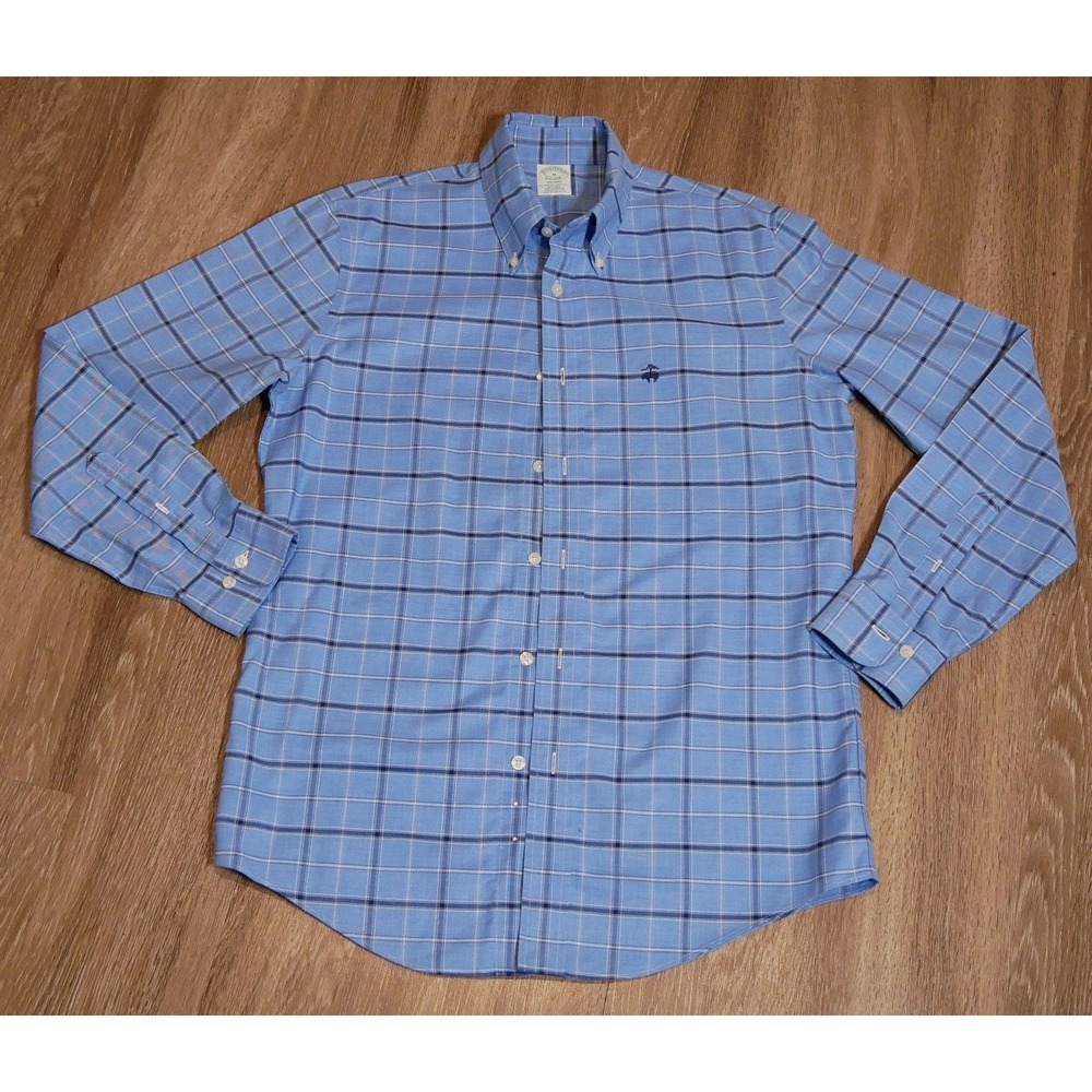 Brooks Brothers Milano Fit Blue Plaid‎ Non-Iron Supima Cotton Shirt Mens Medium